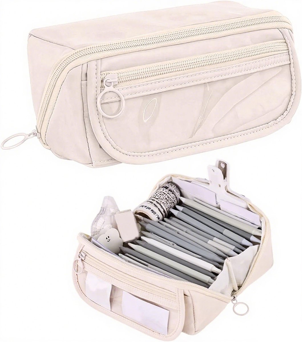 Pencil case - Pencil case for boys and girls - 20x8.5x8.5 cm - Canvas - Linen - Large capacity - School pencil case - Beige - Image 1