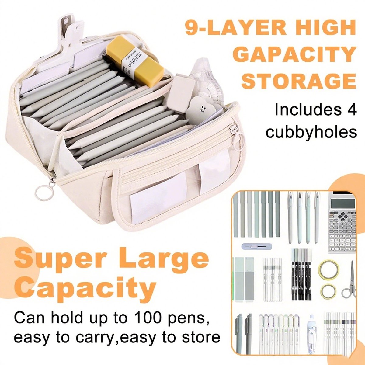 Pencil case - Pencil case for boys and girls - 20x8.5x8.5 cm - Canvas - Linen - Large capacity - School pencil case - Beige - Image 8