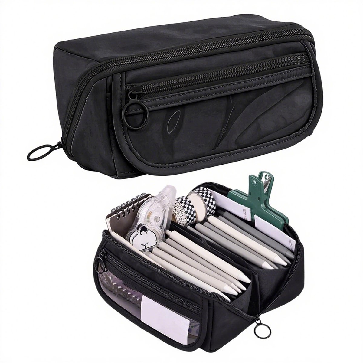 Pencil case - Pencil case for boys and girls - 20x8.5x8.5 cm - Canvas - Linen - Large capacity - School pencil case - black - Image 1