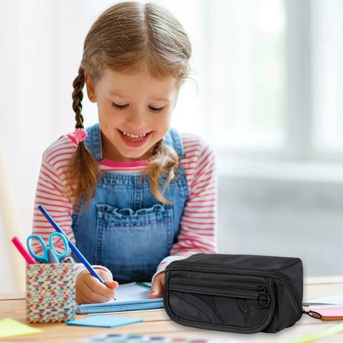 Pencil case - Pencil case for boys and girls - 20x8.5x8.5 cm - Canvas - Linen - Large capacity - School pencil case - black - Image 5