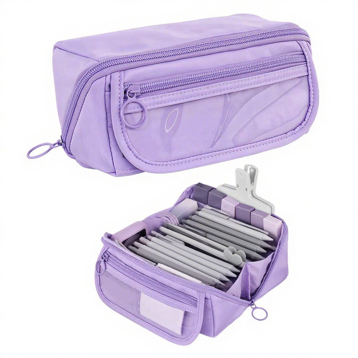 Pencil case - Pencil case for boys and girls - 20 x 8.5 x 8.5 cm - Canvas - Linen - Large capacity - School pencil case - Purple - Image 1