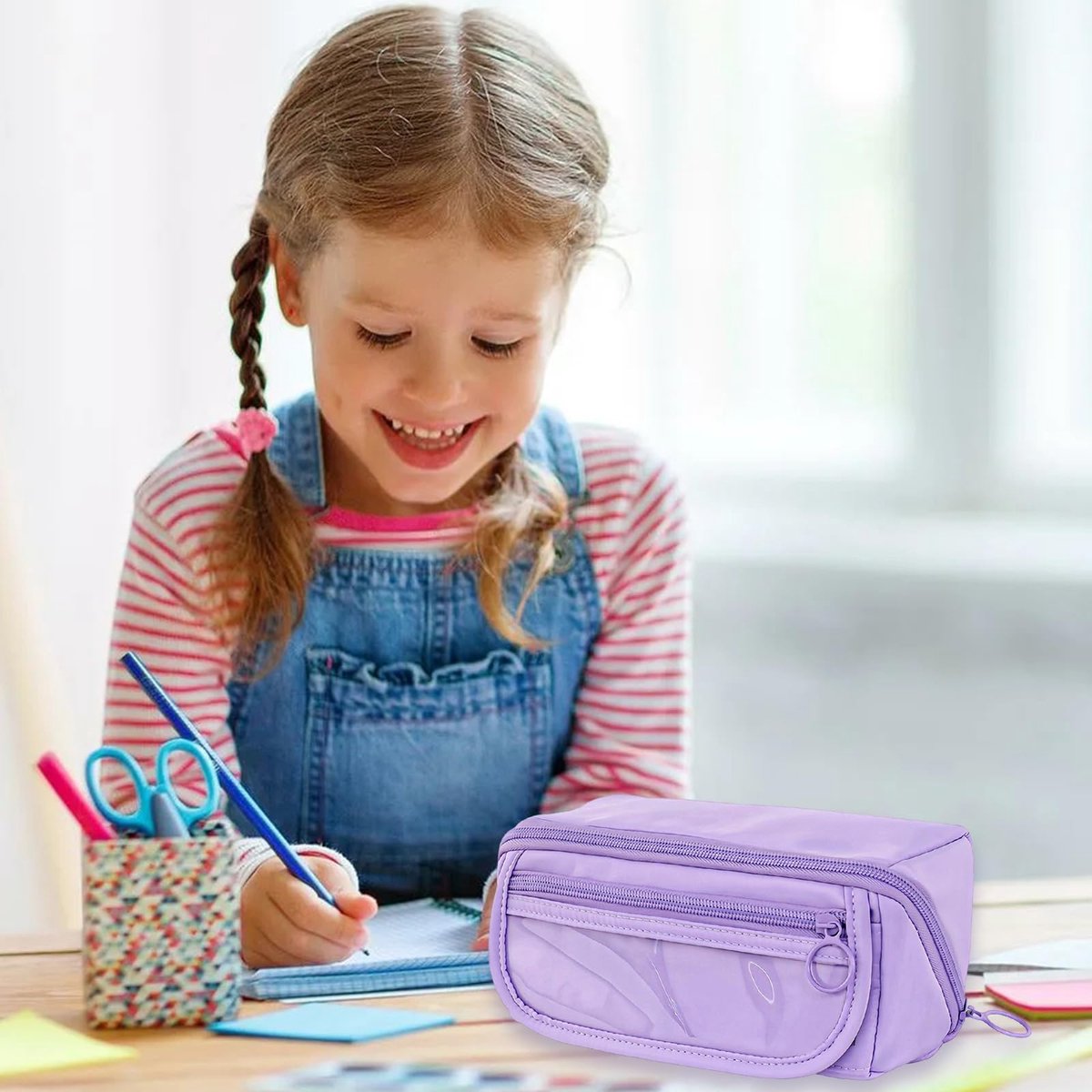 Pencil case - Pencil case for boys and girls - 20 x 8.5 x 8.5 cm - Canvas - Linen - Large capacity - School pencil case - Purple - Image 6