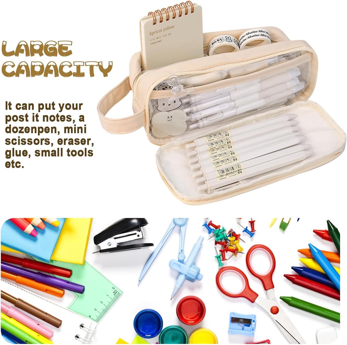 Pencil case - Large capacity - Suitable for boys and girls - Waterproof - Expandable - Toiletry bag - Cosmetic and office supply bag - Off-white - Image 4