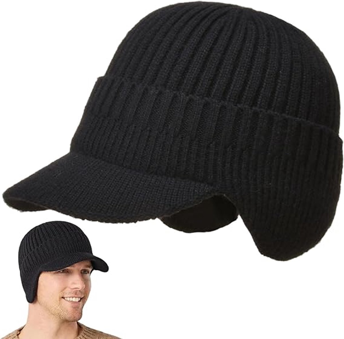Beanie - Men's Beanie - Winter Beanie - Knitted Beanie - Ski Beanie - Thick Beanie - Thermal Protection for Outdoors - Elastic Earflaps - Skiing - Snowboarding - Cycling - Walking - Black - Gift Idea for Him/Her - Image 1