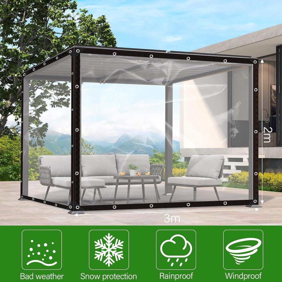 Tarpaulin - Transparent tarpaulin - Transparent tarpaulin with rings - Waterproof transparent tarpaulin - PE tarpaulin - for garden furniture - Planter - Animal shelter - Roof - Rope included - 2 x 3 m - Image 2
