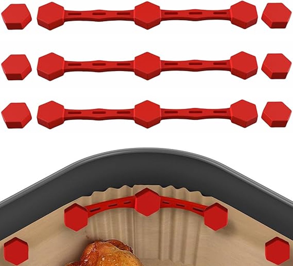 4 Magnetic Silicone Airfryer Loops – Safe for Parchment Paper and Disposable Liners – Magnetic Silicone Airfryer Strips – Ideal for Airfryer Accessories – Prevents Paper from Burning on Contact with the Heating Element – Red - Image 1