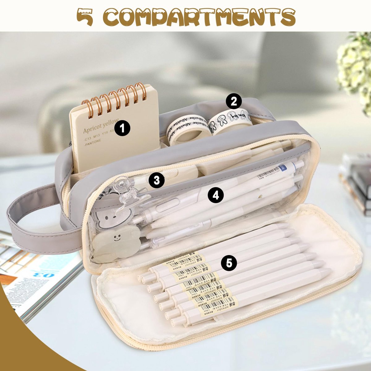 Pencil Case - Large Capacity - Waterproof and Expandable - Pencil Case for Boys and Girls - School Supplies - Suitable for Stationery, Makeup, Cosmetics, Travel, and Office Supplies - Beige - Image 2