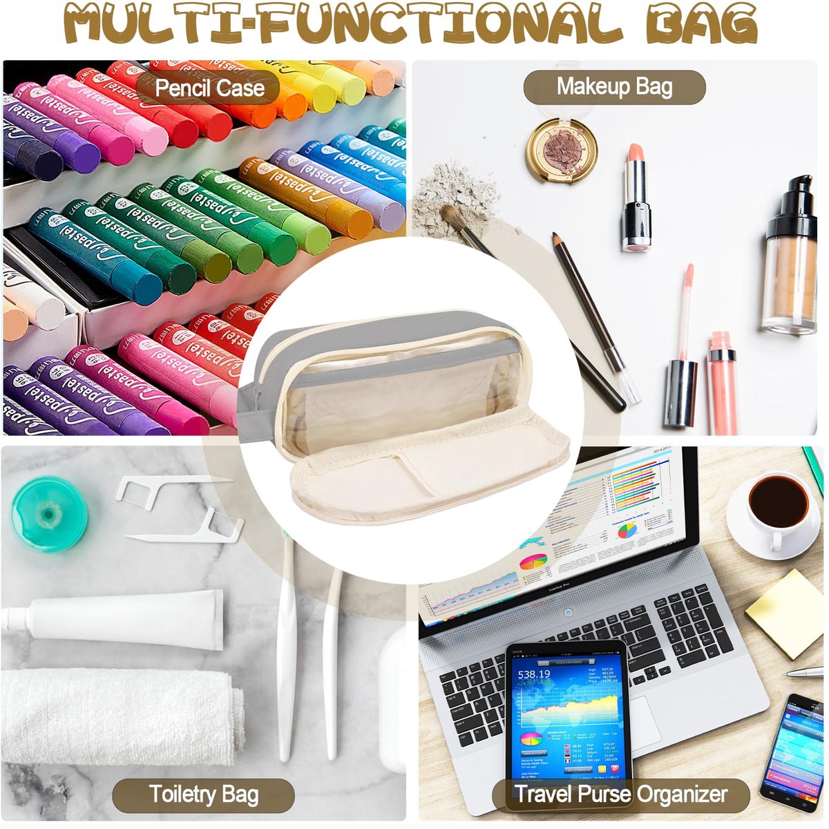 Pencil Case - Large Capacity - Waterproof and Expandable - Pencil Case for Boys and Girls - School Supplies - Suitable for Stationery, Makeup, Cosmetics, Travel, and Office Supplies - Beige - Image 5