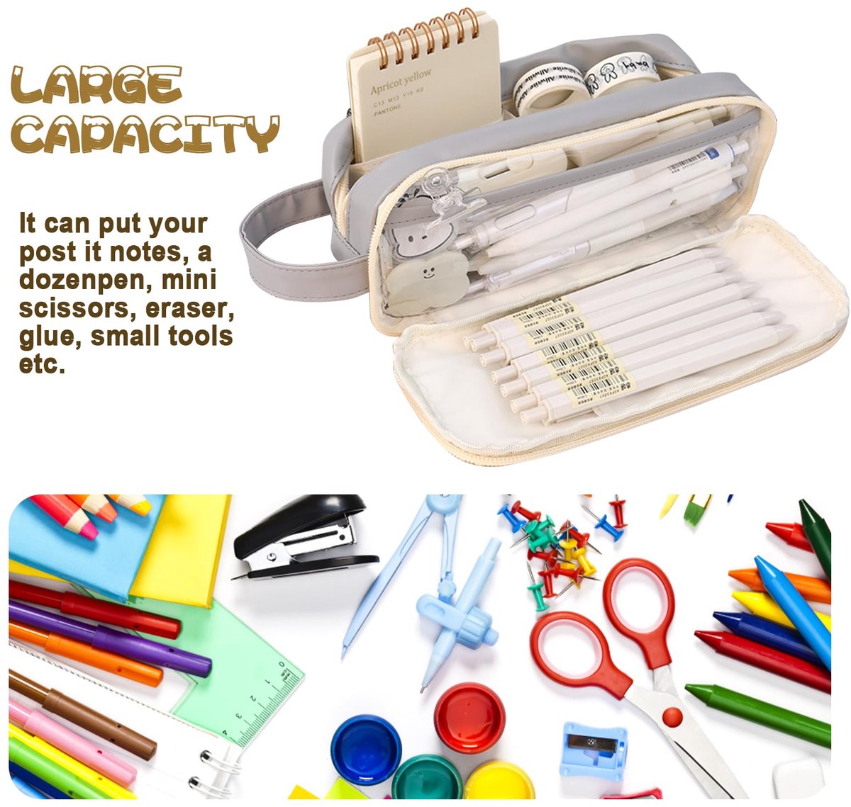 Pencil Case - Large Capacity - Waterproof and Expandable - Pencil Case for Boys and Girls - School Supplies - Suitable for Stationery, Makeup, Cosmetics, Travel, and Office Supplies - Beige - Image 7