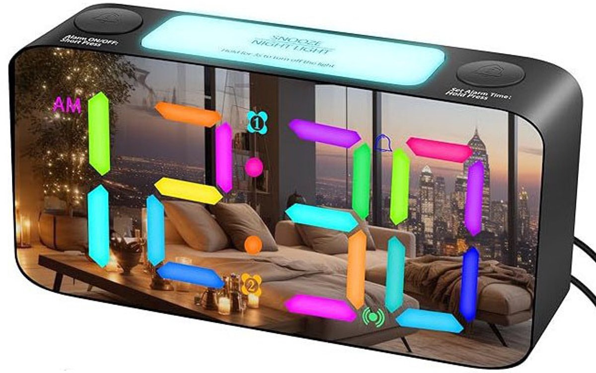Wekker - Digital Alarm Clock - Wekker Children's Alarm Clock - LED Alarm Clock - Wekker with Color Mirror - 15 Color Modes - Large 7-inch Screen - 3 Brightness Levels - Night Light - Adjustable Volume - 12/24 Hour Time - Mains Powered Alarm Clock - For Ch - Image 1