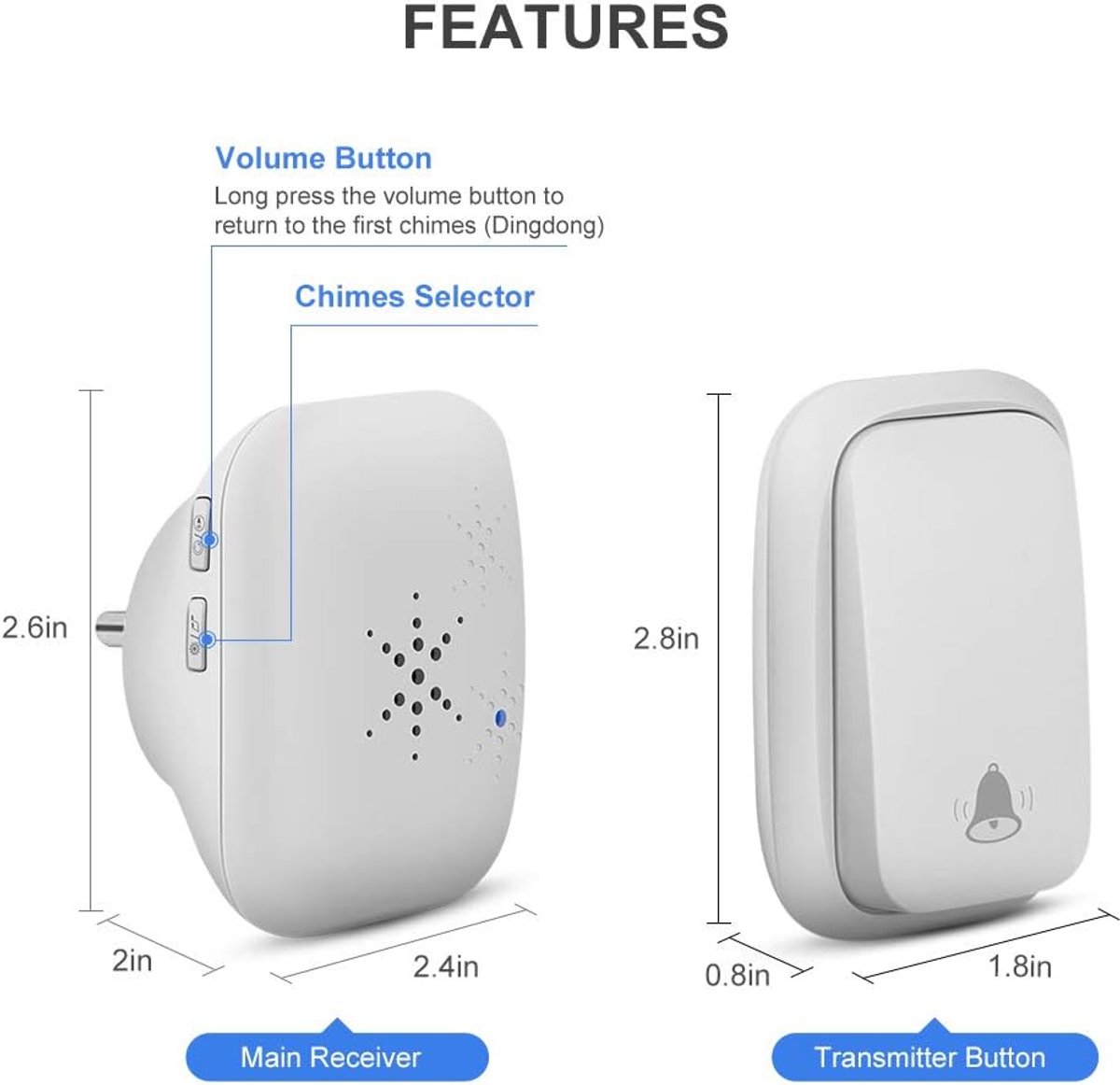 Wireless Doorbell - Doorbells - Wireless Doorbell - Standalone Doorbell - No Battery Required - Wireless Doorbell - 150m Range, Waterproof Button - With 38 Ringtones - 4 Volume Levels and LED - With - Image 7