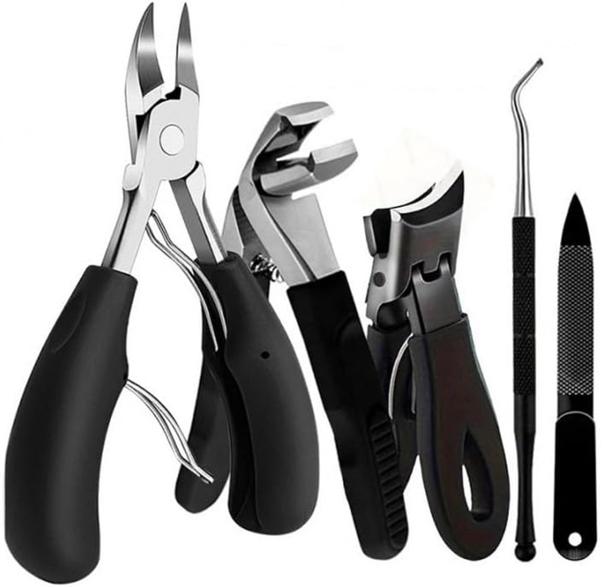 Nail clippers - Stainless steel pedicure tool - Heavy-duty nail clipper set - Includes a nail file, cuticle nipper, and pedicure tool - Classic black handles - Set of 5 - For ingrown and thick nails - Image 1