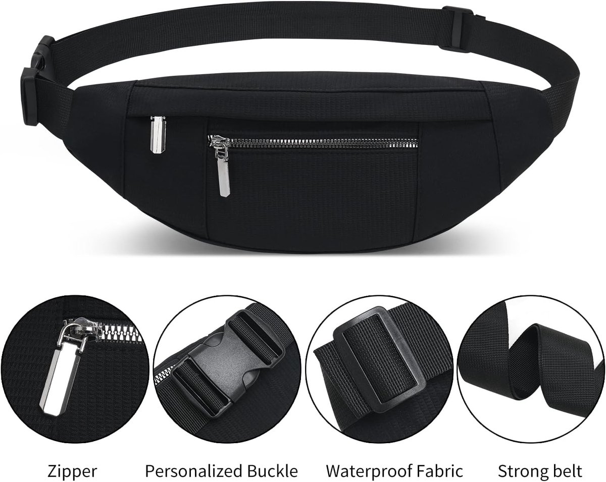 Fanny pack - Men's fanny pack - Women's fanny pack - Waterproof men's fanny pack - Unisex fanny pack - Travel and hiking fanny pack - with adjustable shoulder strap (black) - Image 4