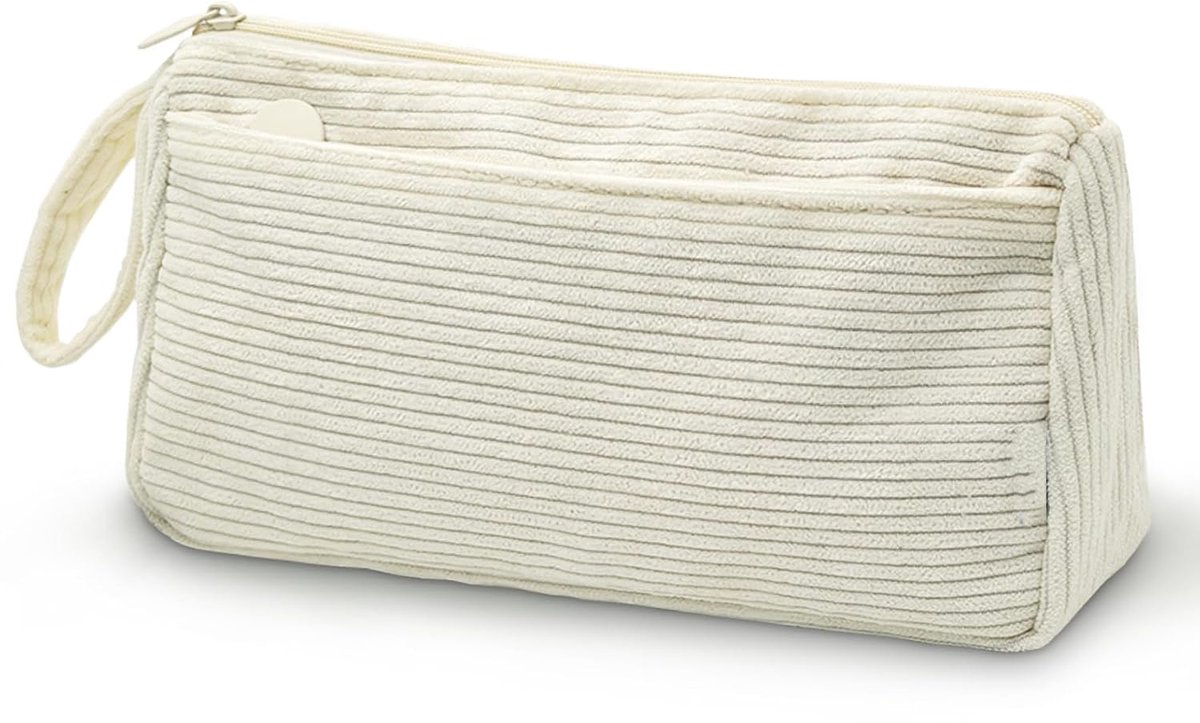 Corduroy Pencil Case - Pretty pencil case with a practical zipper - Makeup bag - Suitable for school-aged teenagers, boys and girls - white - Image 1