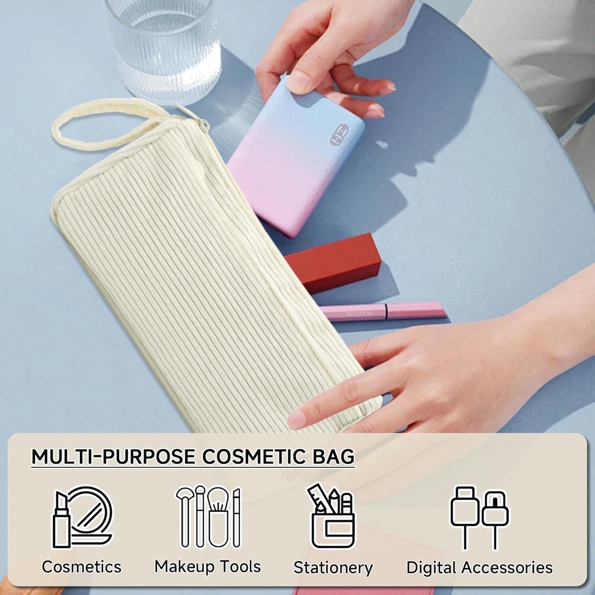 Corduroy Pencil Case - Pretty pencil case with a practical zipper - Makeup bag - Suitable for school-aged teenagers, boys and girls - white - Image 3
