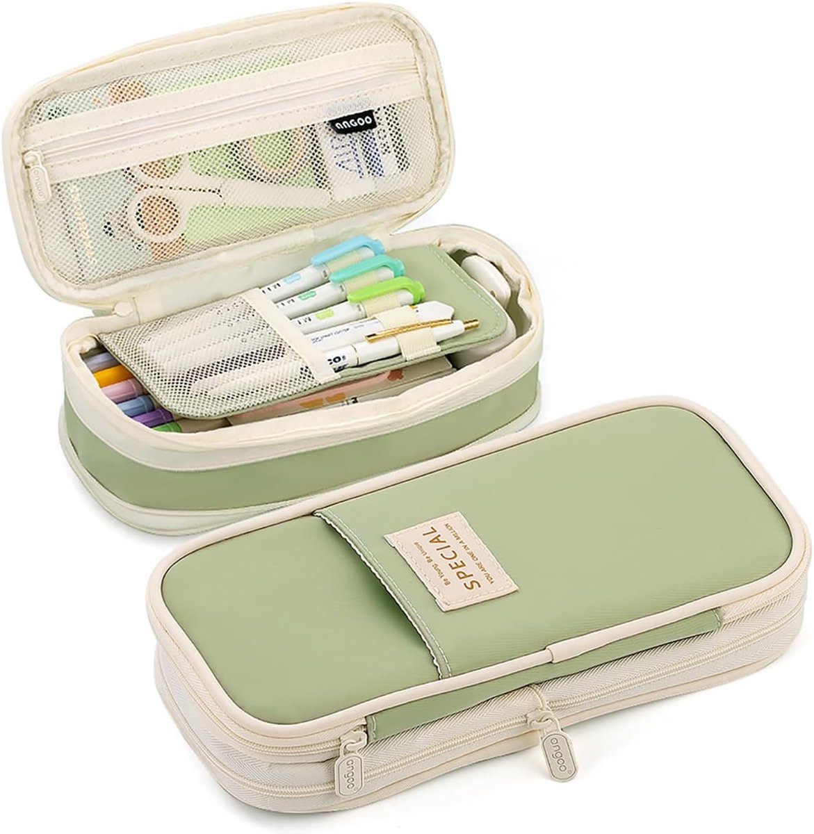 Large capacity pencil case, writing pencil case suitable for teenage girls, green, pencil case - Image 1