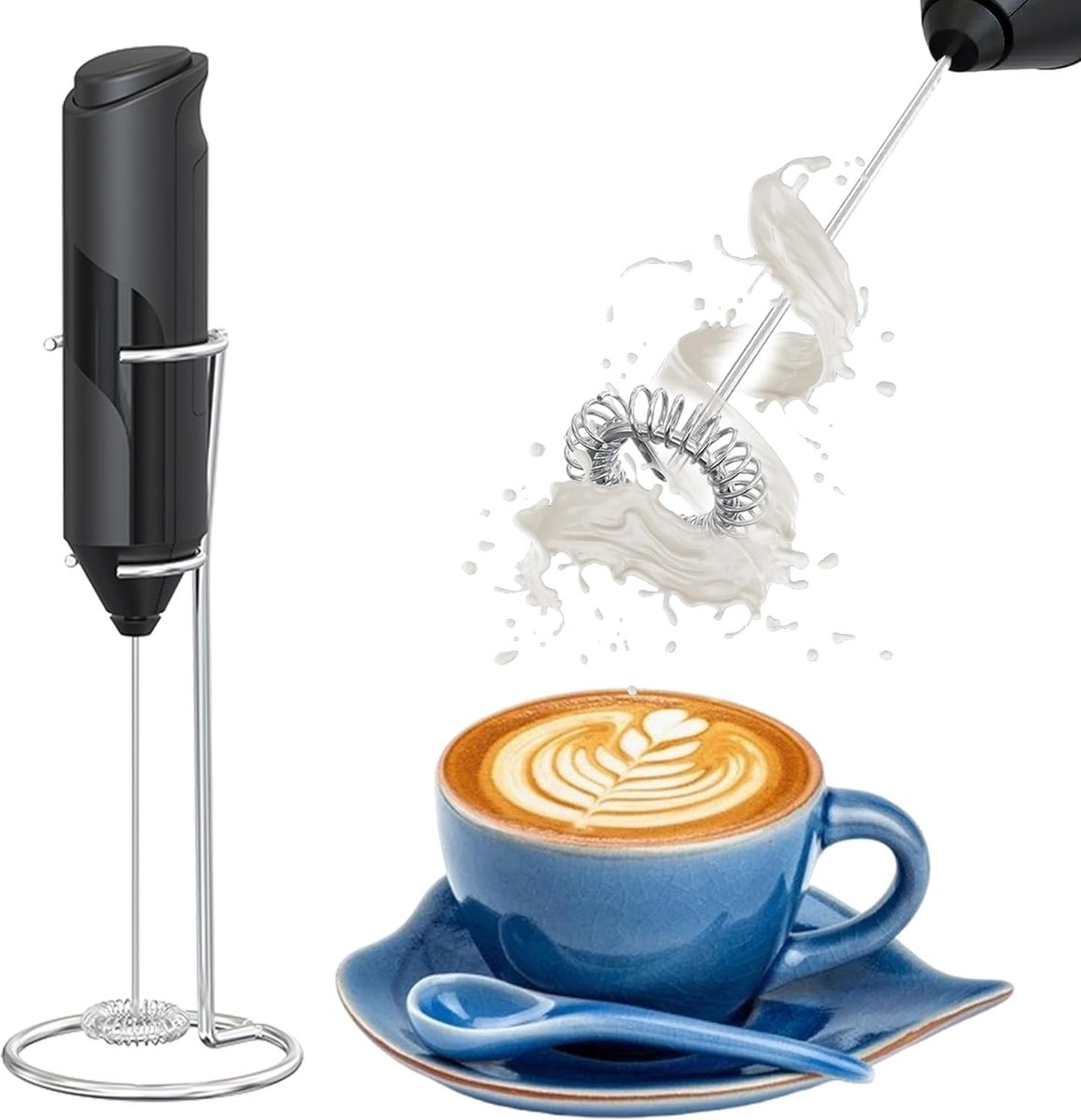 Milk frother - Milk frother - Electric milk frother - Milk frother with stand - Portable battery-operated milk frother - Manual milk frother with stand - Handheld frother for coffee blender - For lattes, cappuccinos, and coffee cream - Image 1