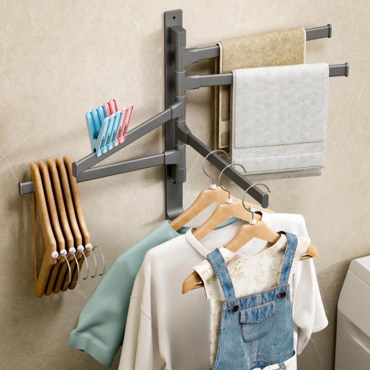 General towel rack - 5 arms - rotating - self-adhesive - no drilling required - bathroom accessory - black - Image 4