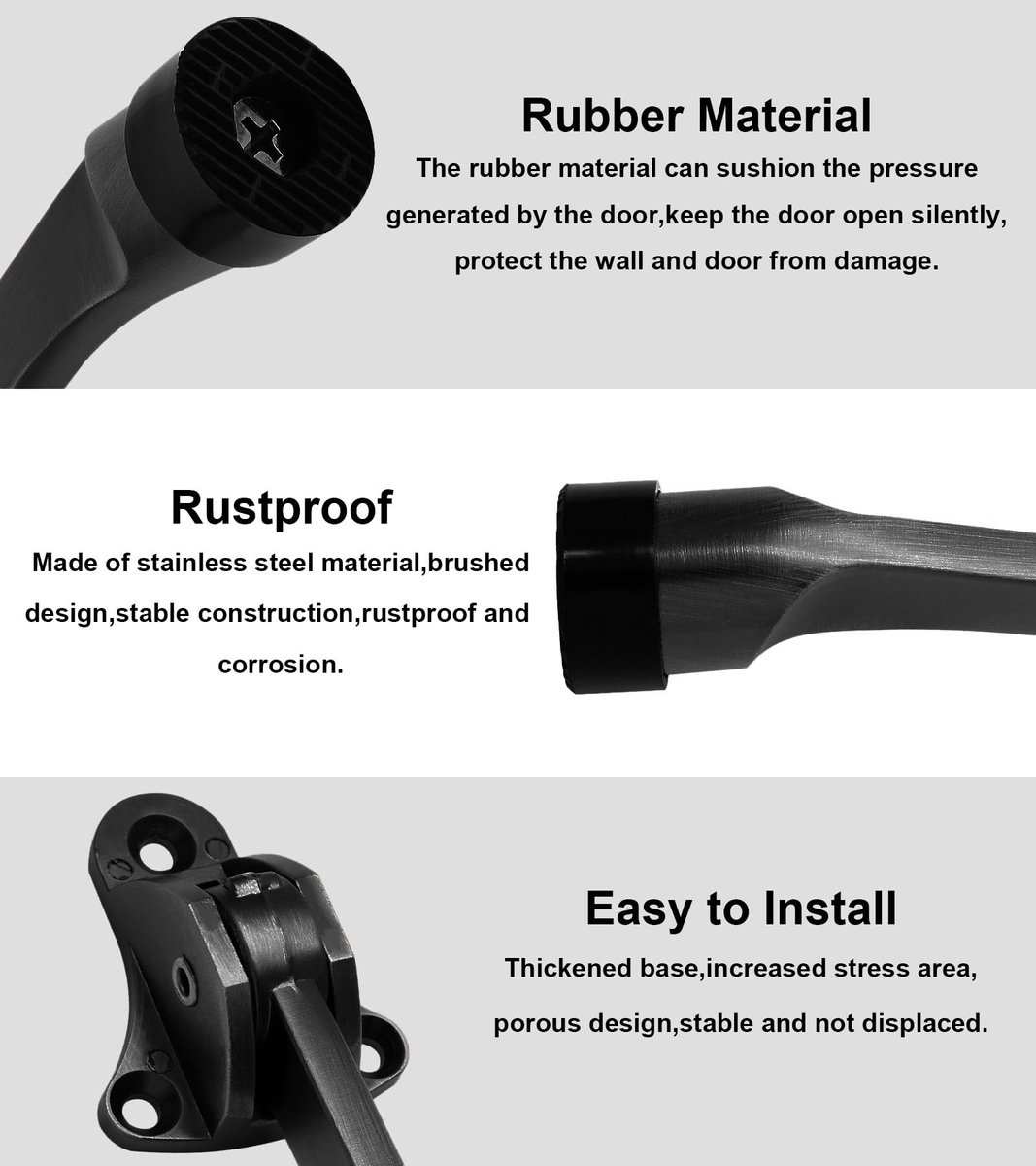 Set of 2 heavy-duty stainless steel doorstops with non-slip rubber tips for heavy doors, adjustable, door handle protection, 13 cm, black - Image 2