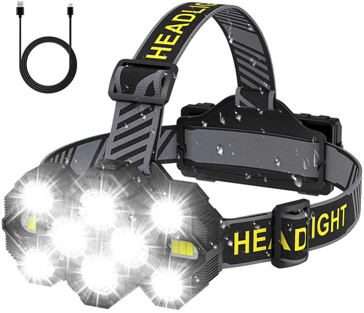 Headlamp - Rechargeable LED Headlamp - 10 LEDs - Extra powerful - 1000 lumens - 150-meter beam distance - Adjustable - Image 1