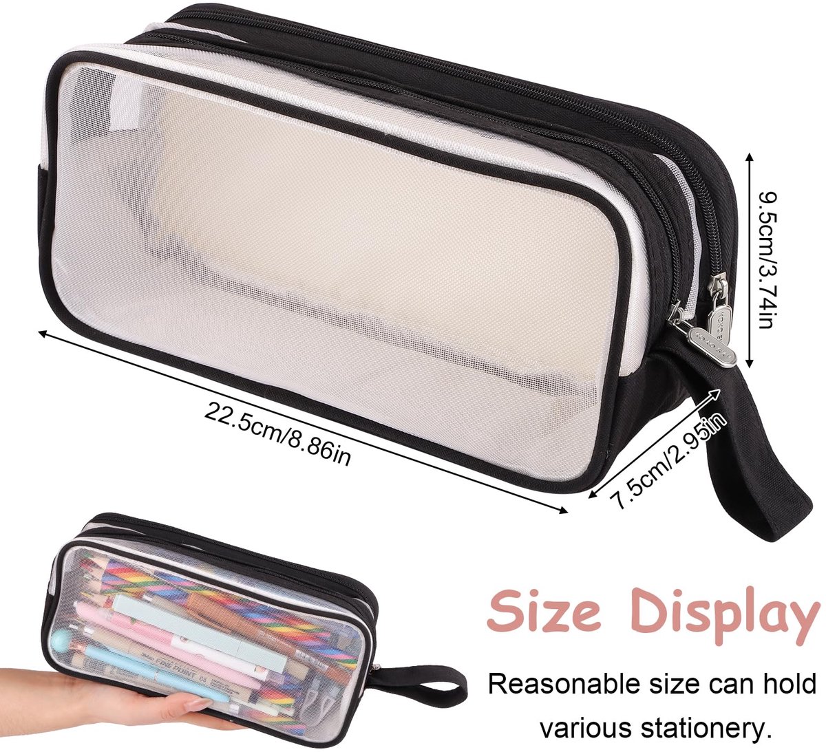 Large capacity transparent pencil case with compartments - 22.5 x 7.5 x 9.5 cm - For School, Boys, Girls and Adults - Image 2