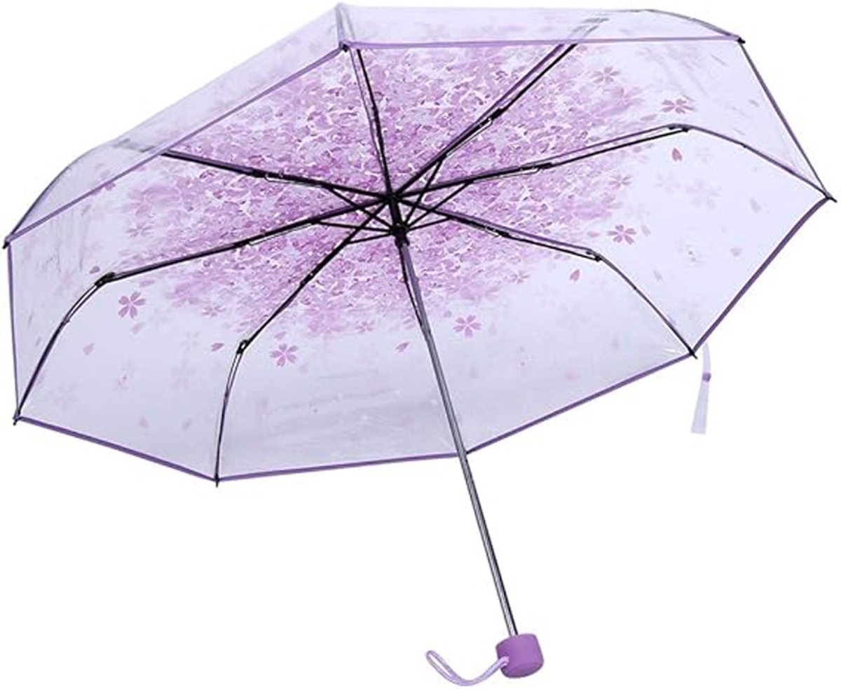 Transparent plastic folding umbrella - Purple Sakura design - Transparent floral travel umbrella, windproof, for outdoor use - Suitable for adults, children, girls, and women - Image 1
