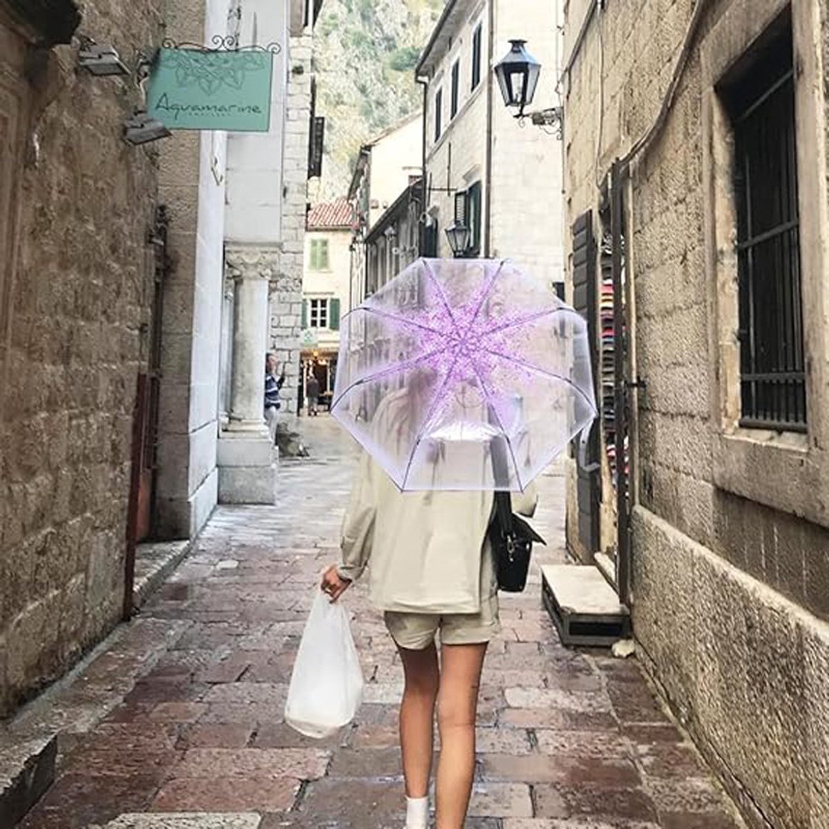 Transparent plastic folding umbrella - Purple Sakura design - Transparent floral travel umbrella, windproof, for outdoor use - Suitable for adults, children, girls, and women - Image 4