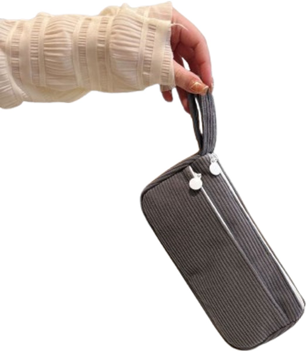 Corduroy Pencil Case - Pretty pencil case with a practical zipper - Makeup bag - Suitable for Boys and Girls - Grey - Image 1