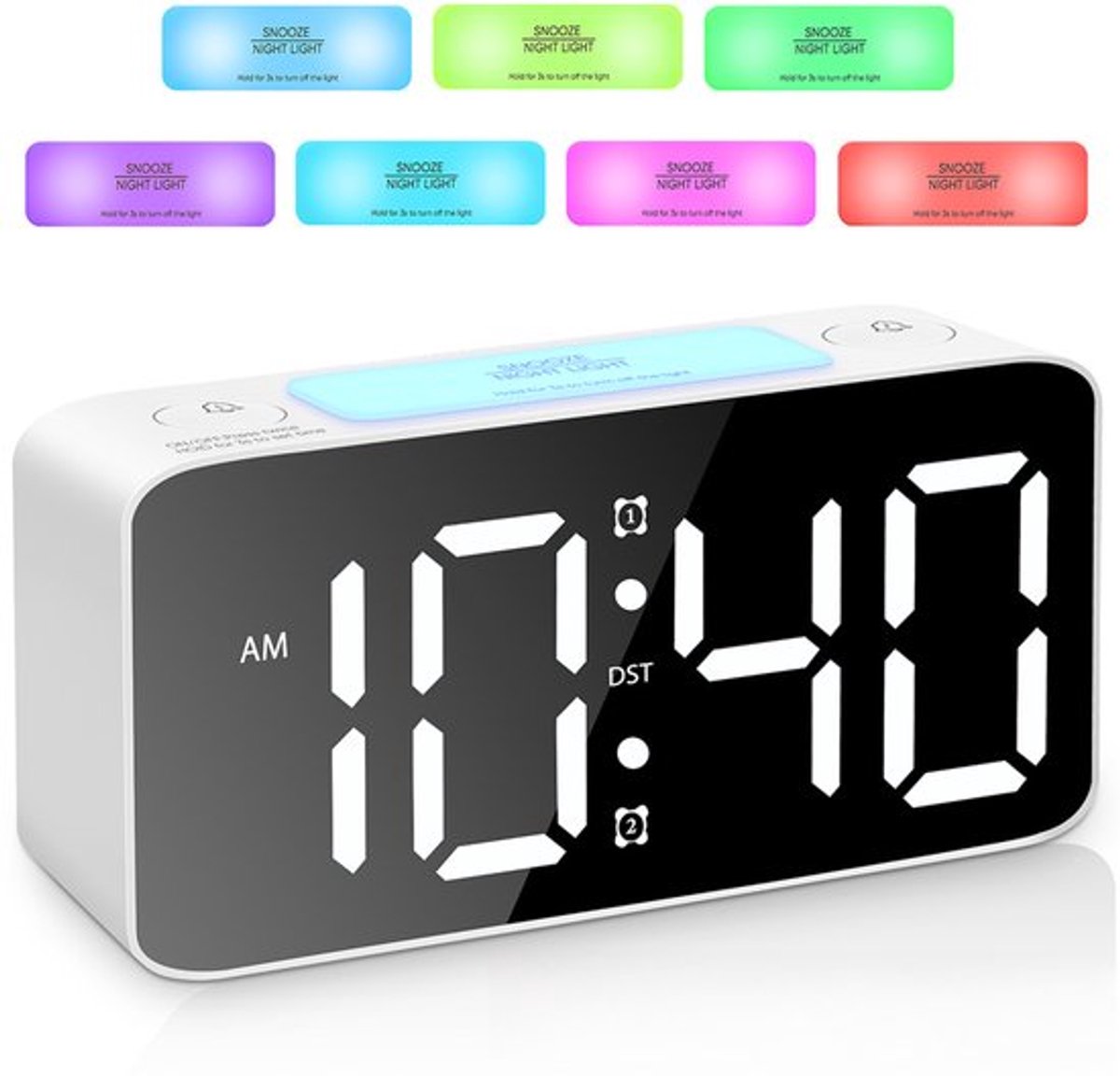 Digital nightlight - Klok Extra powerful - 7 colors - Ideal for heavy sleepers - Adjustable volume and USB charging - Place on the bedside table - Wit - Image 1