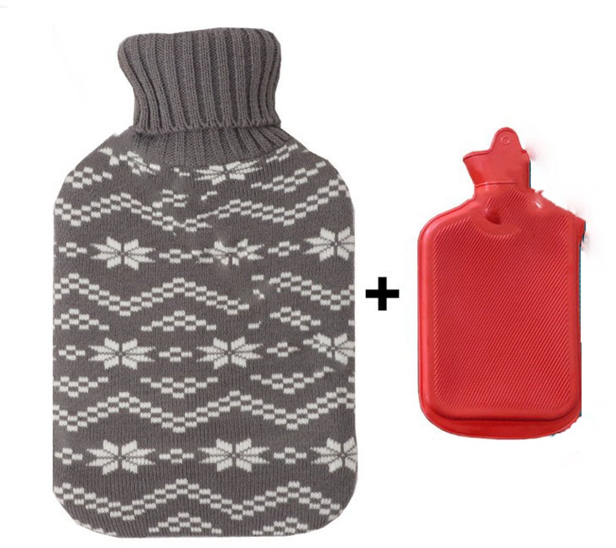Hot water bottle - Hot water bottle - Hot water bottle - Hot water bottle with cover - Knitted hot water bottle cover - Snowflake pattern - For pain relief - Hand and foot warmer (2L) - Image 1
