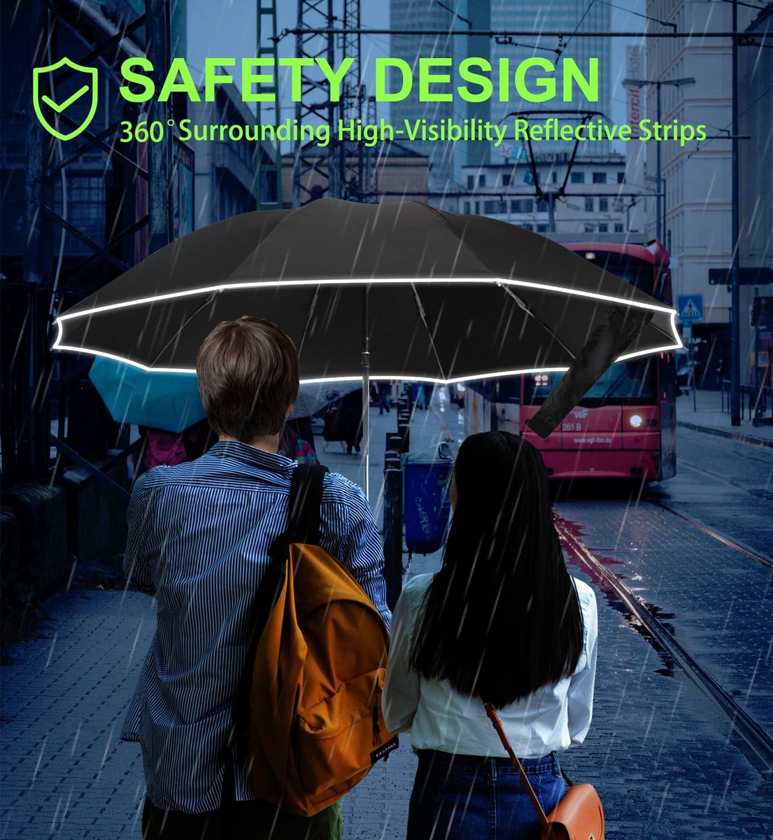 Folding storm umbrella - Parasol - Umbrella - Automatically extends - Sturdy and waterproof travel umbrella - Durable 10-rib frame - Reflective - Umbrellas - Image 5