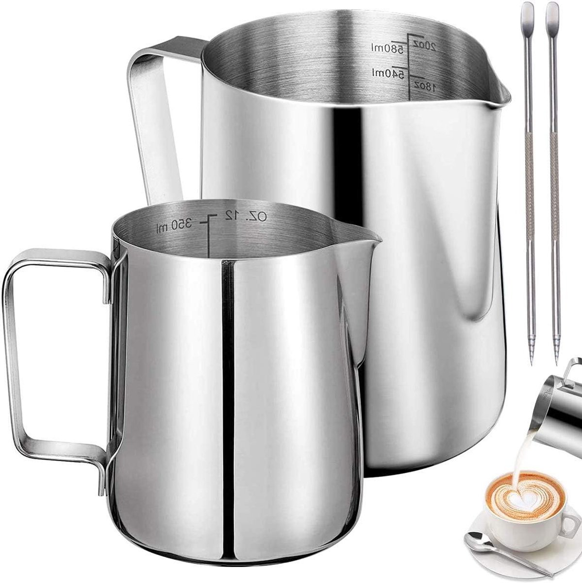 Stainless steel milk jug, 2 pieces, frothers, pitchers, 350 ml, 600 ml, stainless steel milk jug, milk, frothing pitcher, box with 2 barista pens, measuring marks for - Image 1