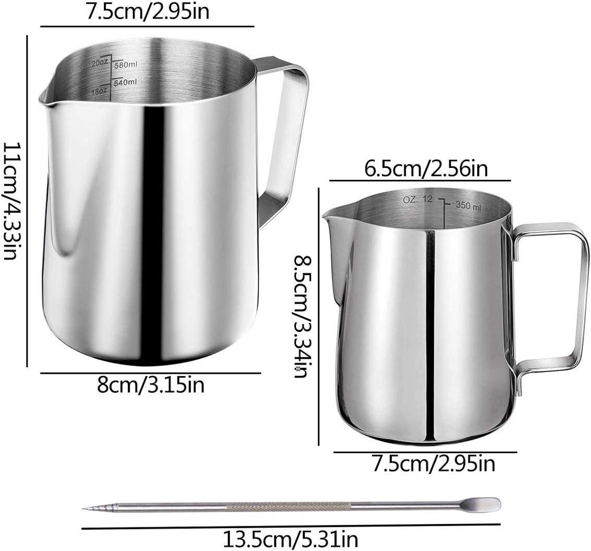Stainless steel milk jug, 2 pieces, frothers, pitchers, 350 ml, 600 ml, stainless steel milk jug, milk, frothing pitcher, box with 2 barista pens, measuring marks for - Image 6