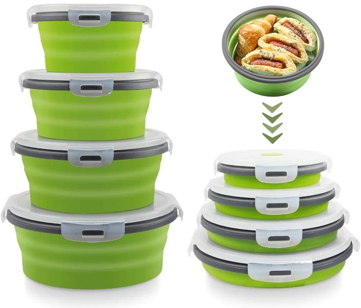 4-Piece Food Storage Container Set - Lunch Box - Collapsible Food Container - Round Silicone Lunch Box - For Camping Kitchens - BPA-Free - Green - Image 1
