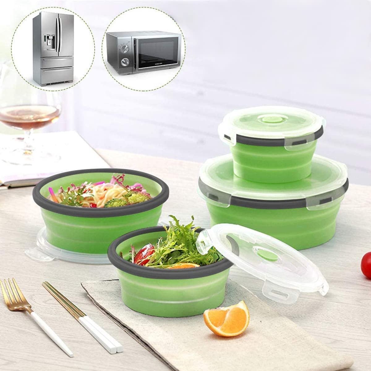 4-Piece Food Storage Container Set - Lunch Box - Collapsible Food Container - Round Silicone Lunch Box - For Camping Kitchens - BPA-Free - Green - Image 4