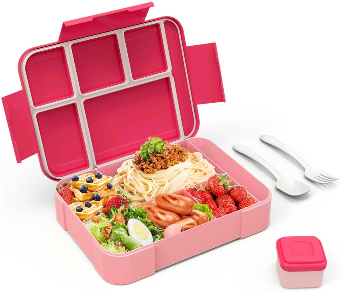 Lunch Box - Bento Box - Lunch Box - Adult Lunch Box - Children's Lunch Box - With 5 Compartments - Durable - Microwave/Dishwasher Safe - Ideal for Meals at Restaurants, Work, School - Pink - Image 1