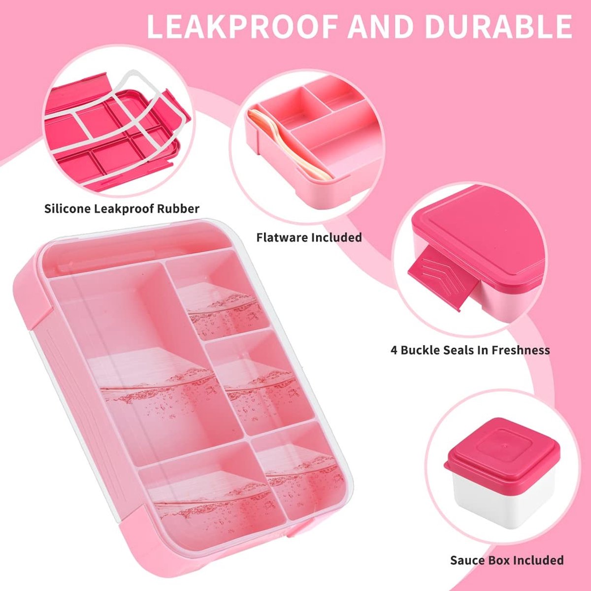 Lunch Box - Bento Box - Lunch Box - Adult Lunch Box - Children's Lunch Box - With 5 Compartments - Durable - Microwave/Dishwasher Safe - Ideal for Meals at Restaurants, Work, School - Pink - Image 5