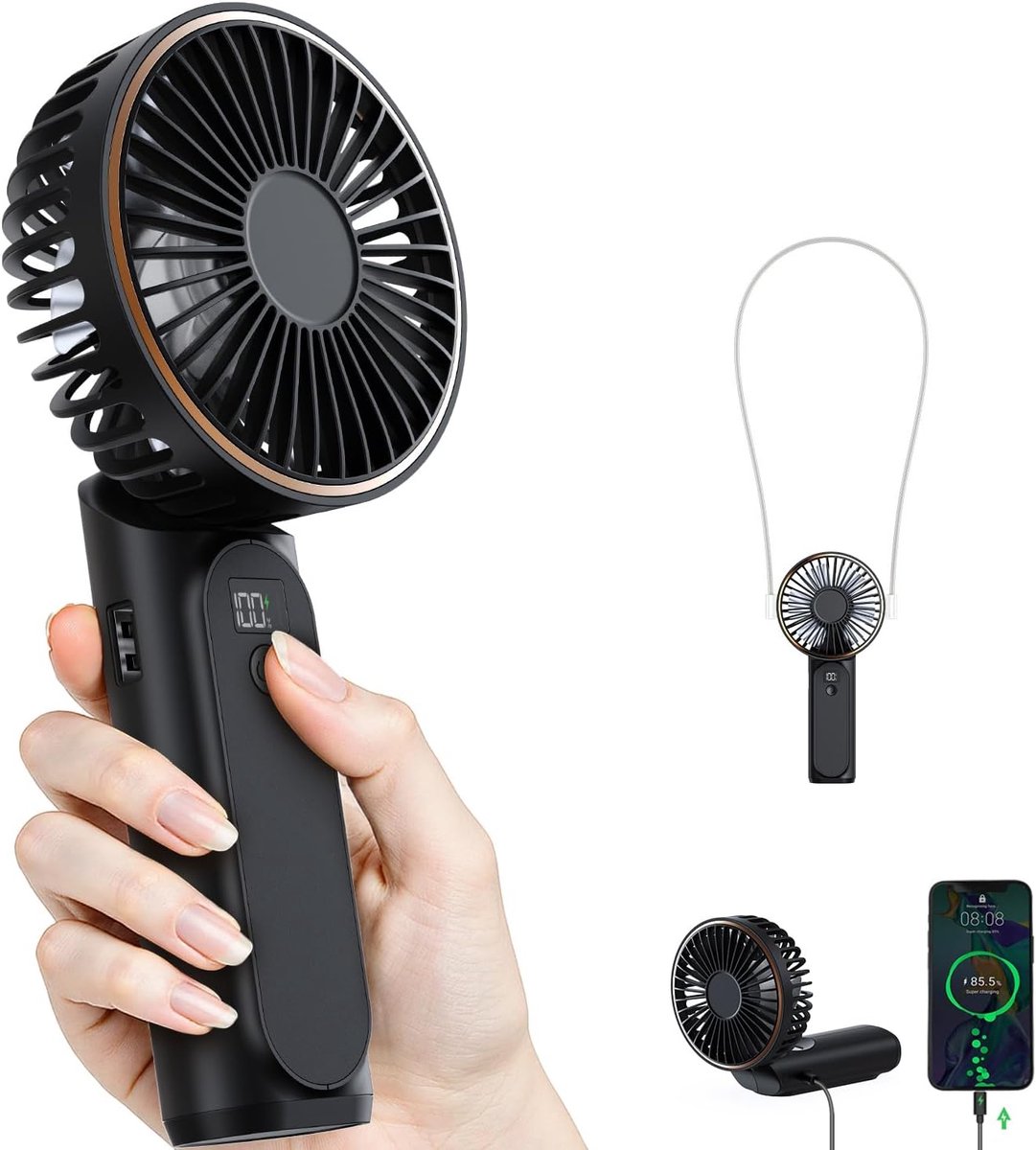 Handheld Fan - Mini Portable Fan - Rechargeable - Power Bank - 6 Settings - Black - Image 1