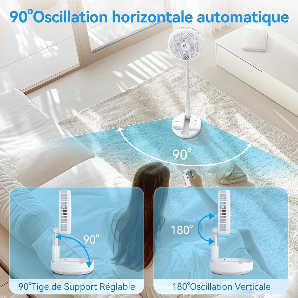 Fan - Small fan - Portable fan - Adjustable height portable oscillating fan - With remote control - Foldable - 4 speeds - For bedroom, office, travel - 7.7 inches - With - Image 3
