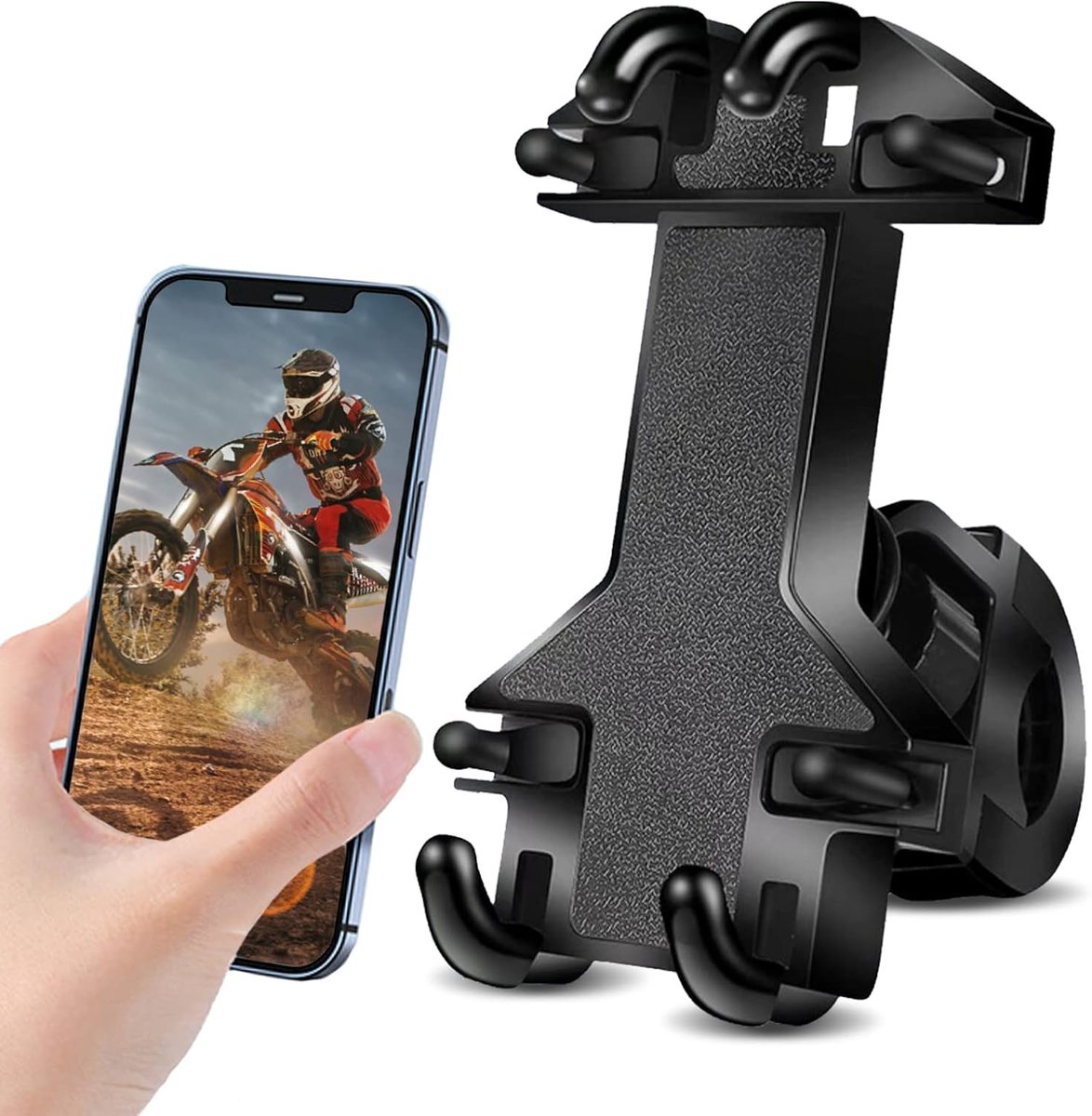 Motorcycle phone mount - Bicycle phone mount - Heavy-duty clamp for motorcycle handlebars - One-handed operation - Scooter phone mount - For phones from 4.7