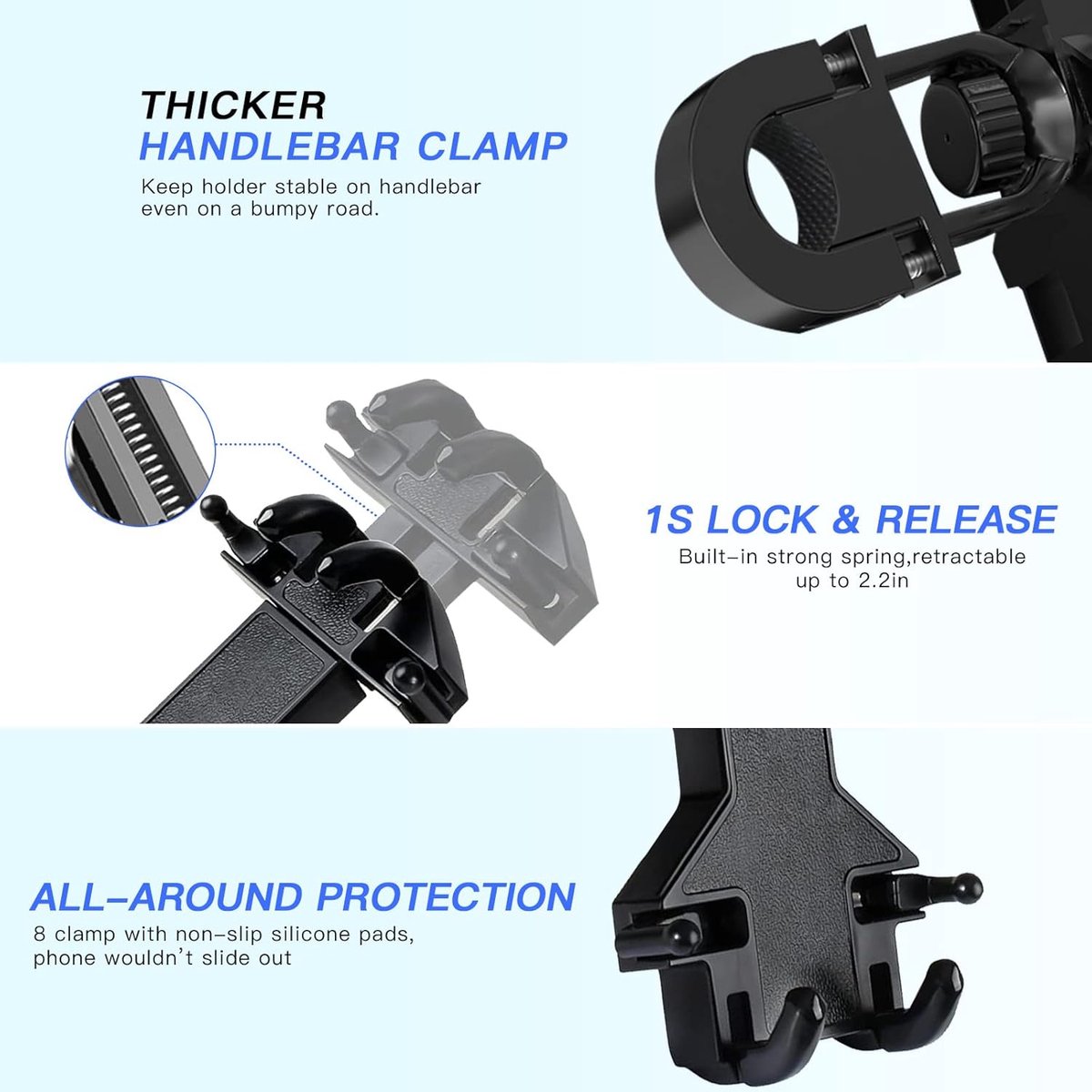 Motorcycle phone mount - Bicycle phone mount - Heavy-duty clamp for motorcycle handlebars - One-handed operation - Scooter phone mount - For phones from 4.7