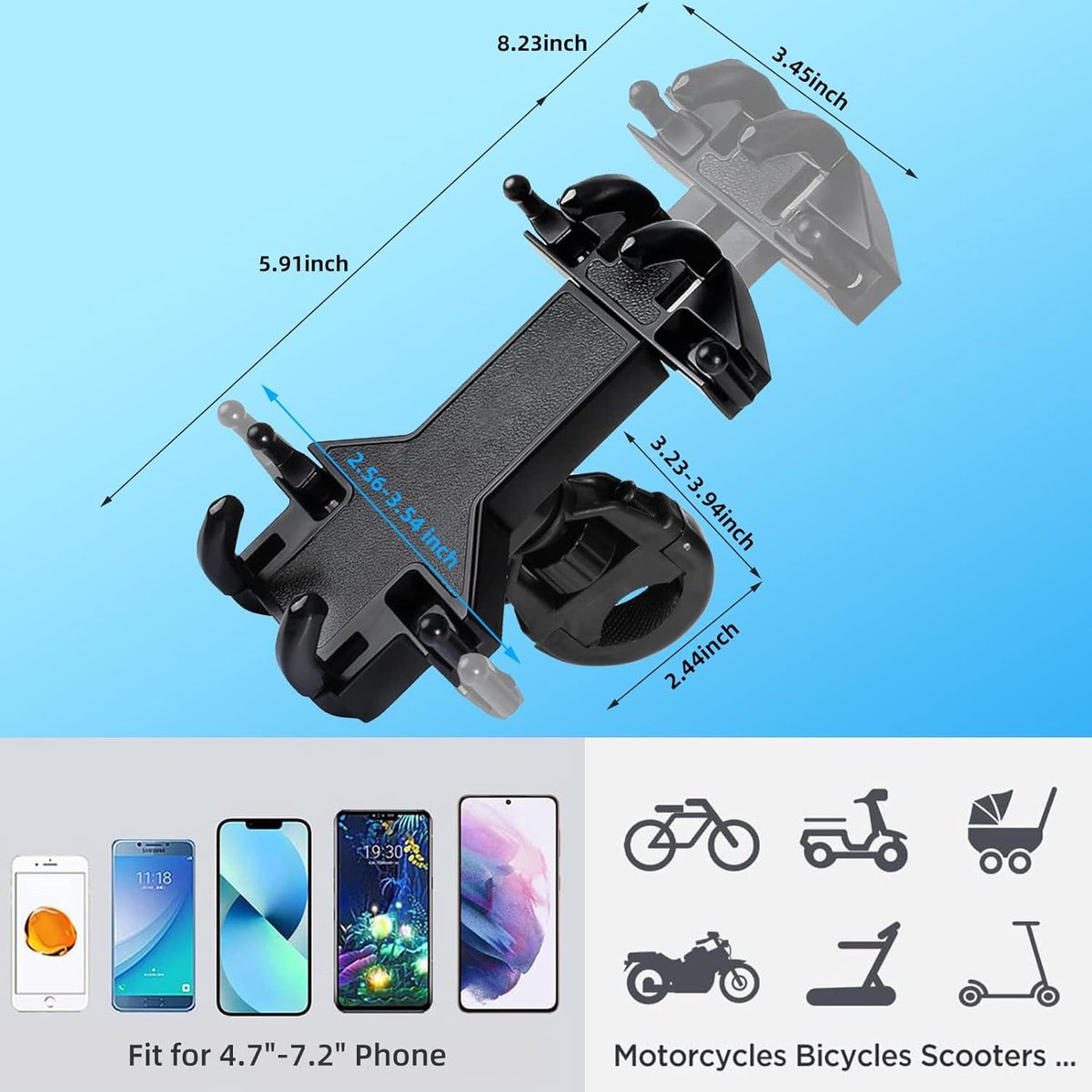 Motorcycle phone mount - Bicycle phone mount - Heavy-duty clamp for motorcycle handlebars - One-handed operation - Scooter phone mount - For phones from 4.7