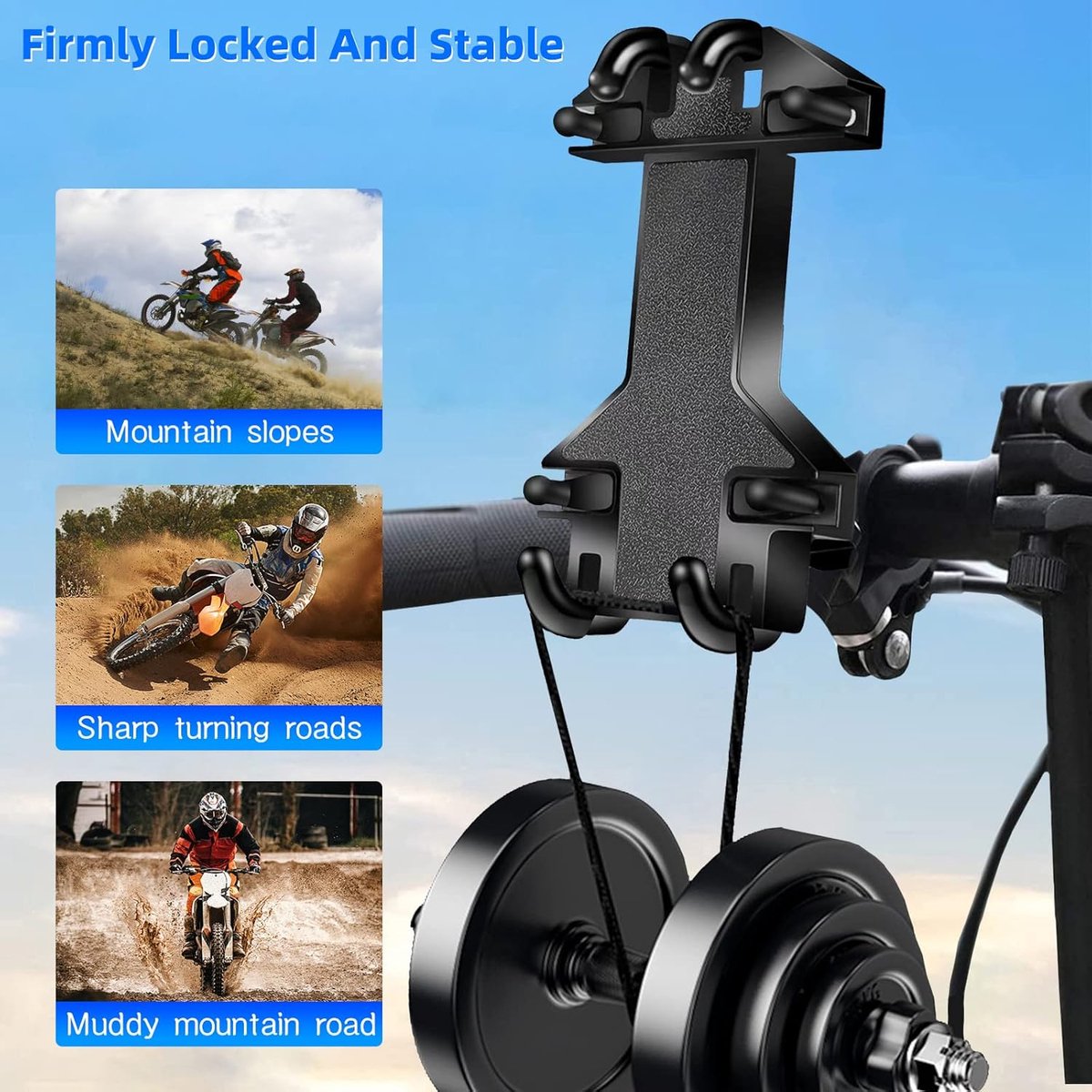 Motorcycle phone mount - Bicycle phone mount - Heavy-duty clamp for motorcycle handlebars - One-handed operation - Scooter phone mount - For phones from 4.7