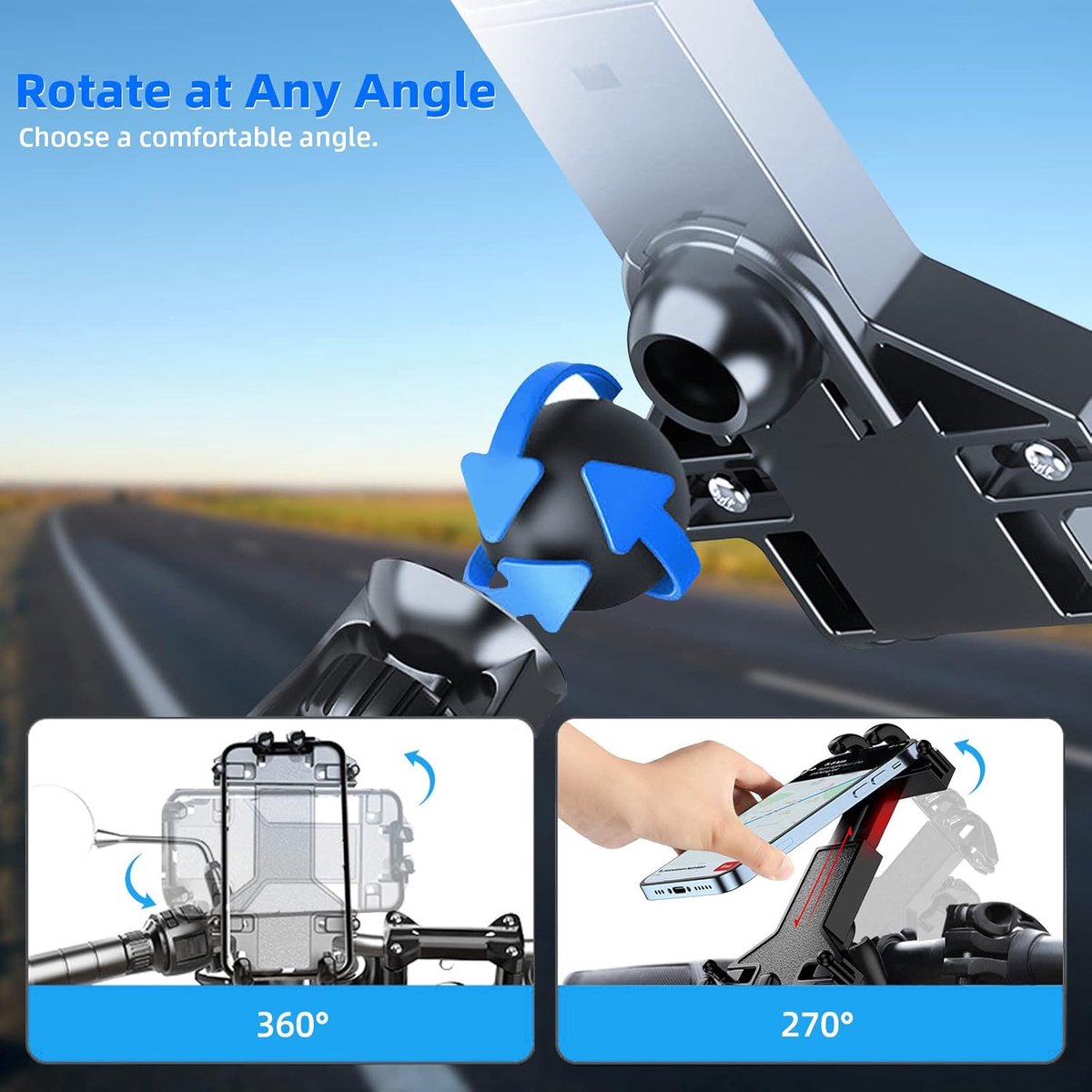 Motorcycle phone mount - Bicycle phone mount - Heavy-duty clamp for motorcycle handlebars - One-handed operation - Scooter phone mount - For phones from 4.7