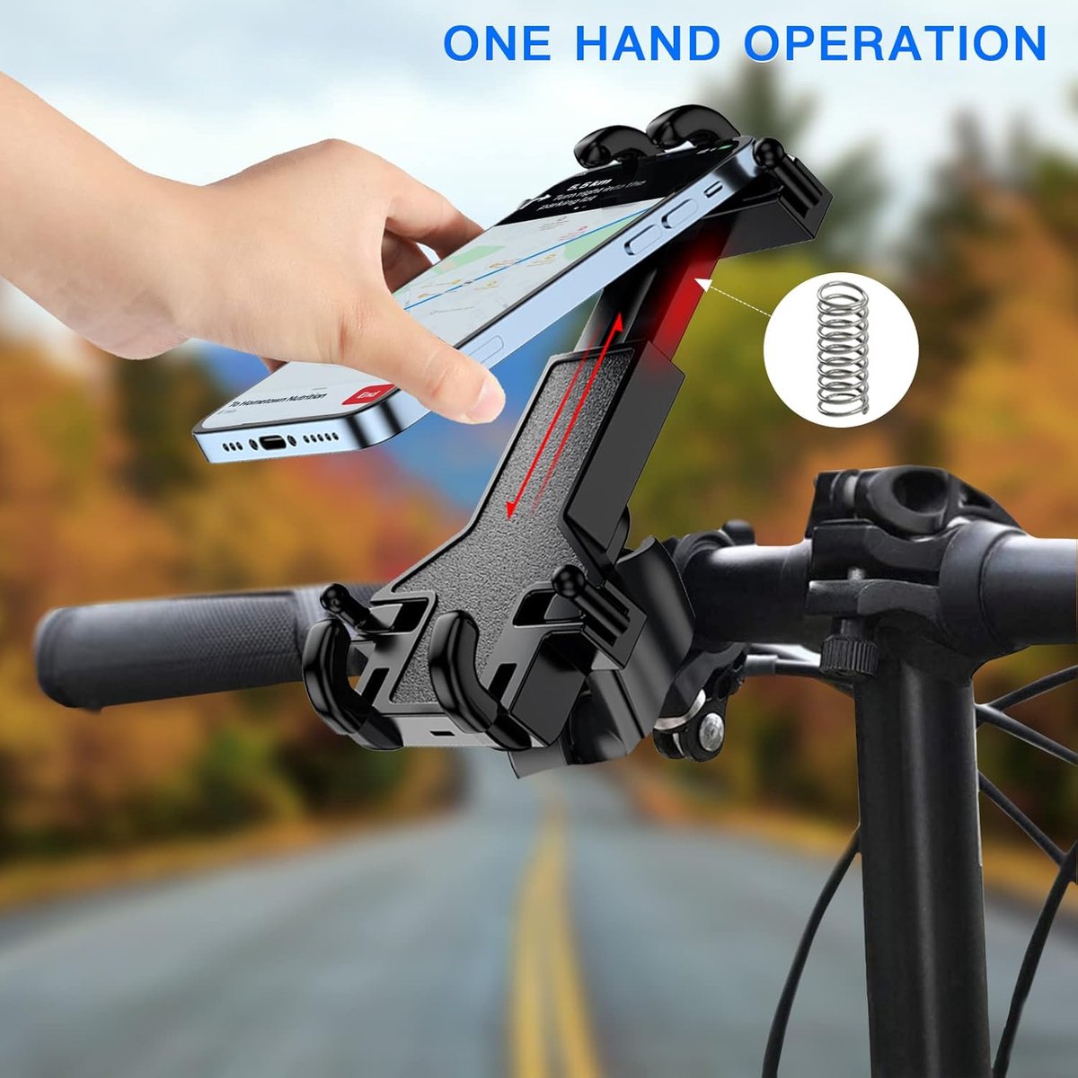 Motorcycle phone mount - Bicycle phone mount - Heavy-duty clamp for motorcycle handlebars - One-handed operation - Scooter phone mount - For phones from 4.7