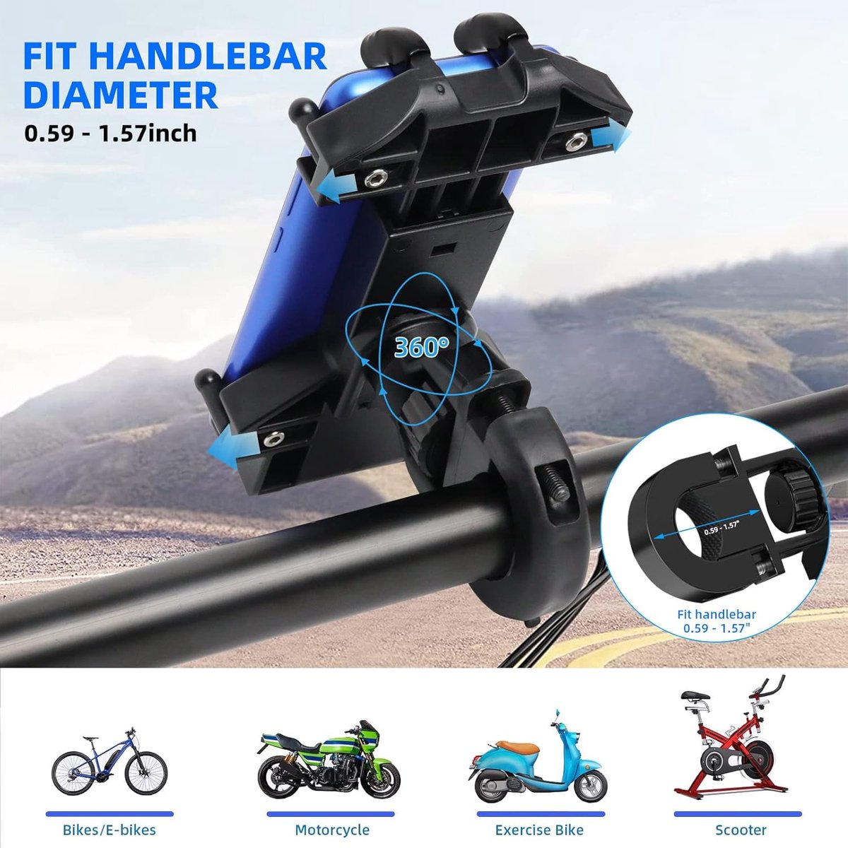 Motorcycle phone mount - Bicycle phone mount - Heavy-duty clamp for motorcycle handlebars - One-handed operation - Scooter phone mount - For phones from 4.7