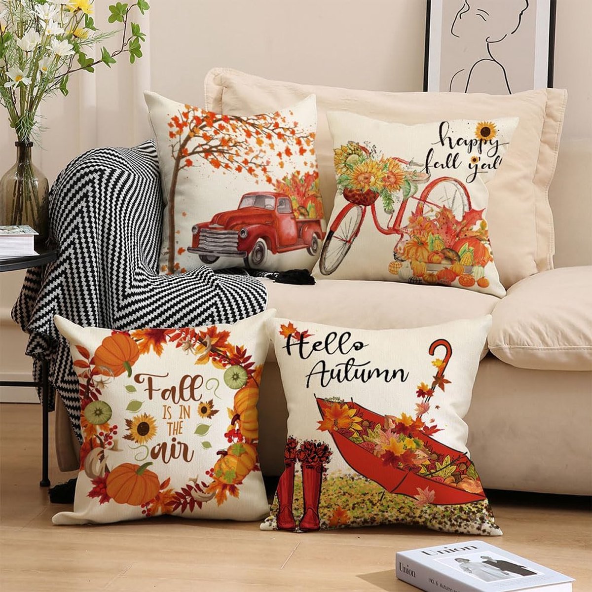Halloween Theme - Fall Pillowcases - Pillowcases - Linen - Bedroom Decor Pillowcases - Living Room Decor Pillowcases - Sofa Decor Pillowcases - 45 x 45 cm - Four-Piece Set - Image 2