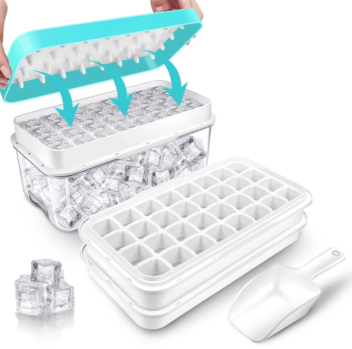 Frozen Ice Cube Trays - Food Grade Ice Cube Molds with Lids - Ice Cube Molds - 2 Layers, Blue - Releases all ice cubes in one second - Ice Cube Molds - Image 1