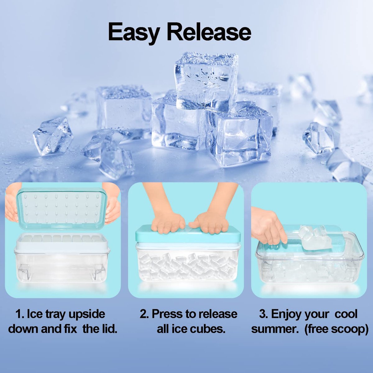 Frozen Ice Cube Trays - Food Grade Ice Cube Molds with Lids - Ice Cube Molds - 2 Layers, Blue - Releases all ice cubes in one second - Ice Cube Molds - Image 4