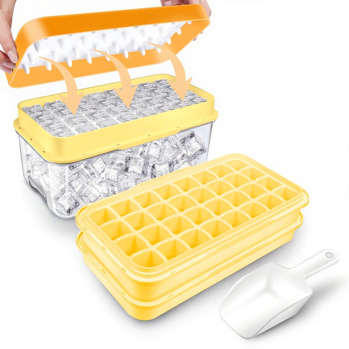 Frozen Ice Cube Tray - Food-Grade Ice Cube Tray with Lid - Ice Cube Tray - 2 Layers, Yellow - Releases all ice cubes in one second - Ice Cube Tray - Image 1